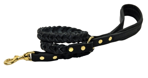 4 Ft. Black Braided Leather Dog Leash - Padded